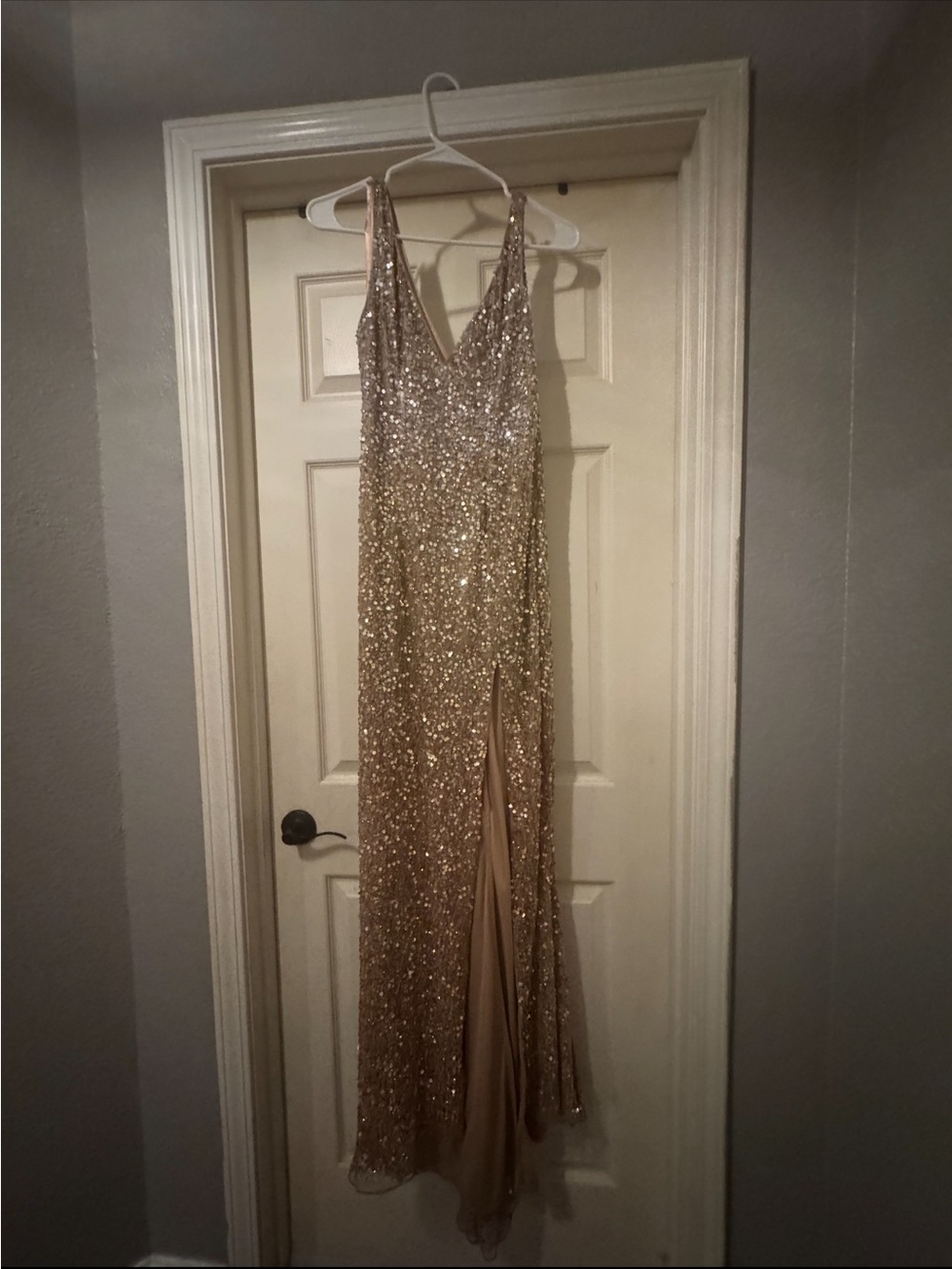 MacDuggal Sequined Champagne V-Neck Evening Gown
